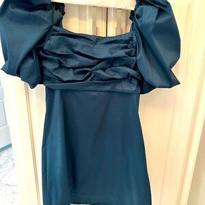 Socialite Ruched Puff Sleeve Mini dress -Dark Green